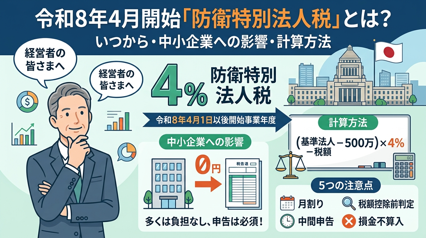 ふじはら会計事務所 コラム記事 令和8年4月に開始された「防衛特別法人税」とは？いつから・中小企業への影響と計算方法 サムネイル画像
