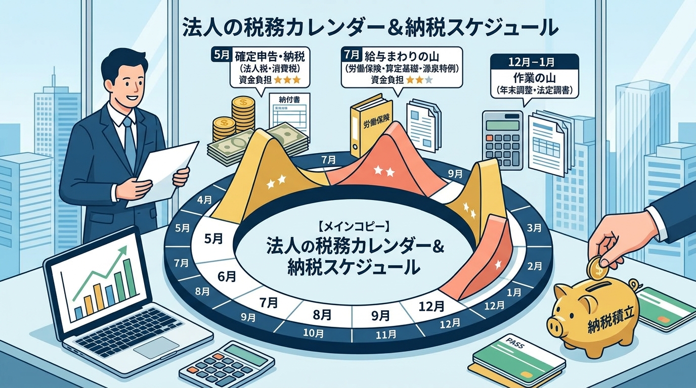 ふじはら会計事務所 コラム記事 「税金はいつ払う？」で慌てない｜小さな会社の年間税務カレンダーと納税スケジュール サムネイル画像
