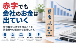 赤字でも会社のお金は出ていくをテーマにした、電卓と資金計画表を確認する事業者のアイキャッチイメージ