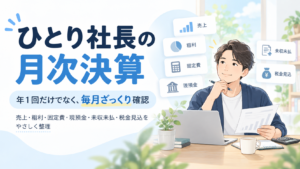 ひとり社長の月次決算をテーマにした、カレンダーと決算・税務書類を確認する社長のアイキャッチイメージ